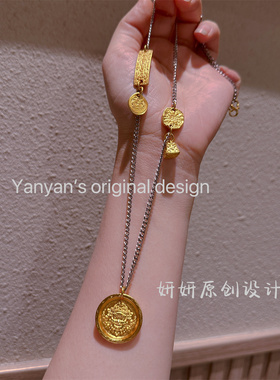 新款鉴刻黄财神扎吉拉姆吊坠电镀链条古法沙金配件项链男女同款