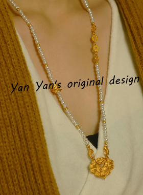 新款热卖鉴刻锦鲤如意锁贝珠钱币双鱼扣古法沙金配件项链毛衣链女