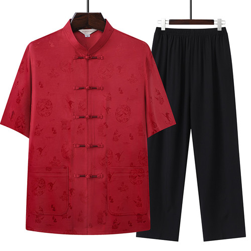 苏杭世家唐装男中老年人夏装男装中国风爷爷短袖爸爸套装T恤