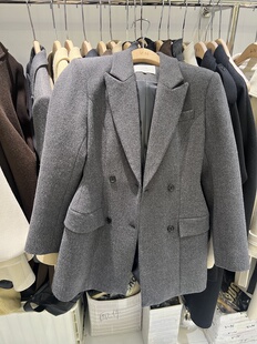 VN韦恩秋冬新款气质修腰遮胯显瘦灰色毛呢沙漏西装中长款外套2516