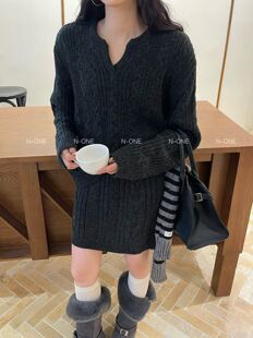剪刀领纯色百搭显瘦麻花纹羊毛套装 欧货精品女时尚 新款 none冬季