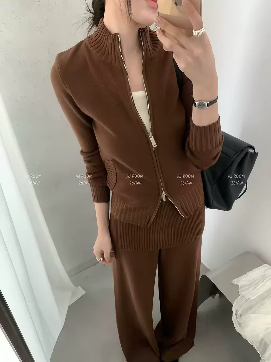 ajroom老钱风立领拉链咖啡针织开衫背心女秋叠穿设计休闲裤三件套