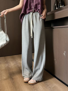 suiyi随意黑色阔腿裤 女高腰垂感抽绳休闲直筒拖地长裤 子运动卫裤