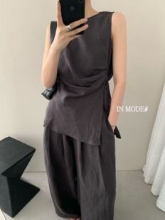inmode巨好看的夏日亚麻套装气质高级感新款无袖上衣阔腿裤两件套