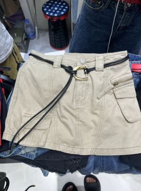 qianqian复古工装风半身裙女夏新款高腰牛仔A字裙休闲短裙子6120
