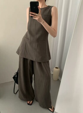 十三行无袖上衣绿色背心裙+长裤阔腿休闲裤女气质两件套套装高级