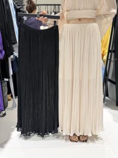 MAGEE十三行简约百搭纯色压褶半身裙长款 度假风仙仙百褶裙26310