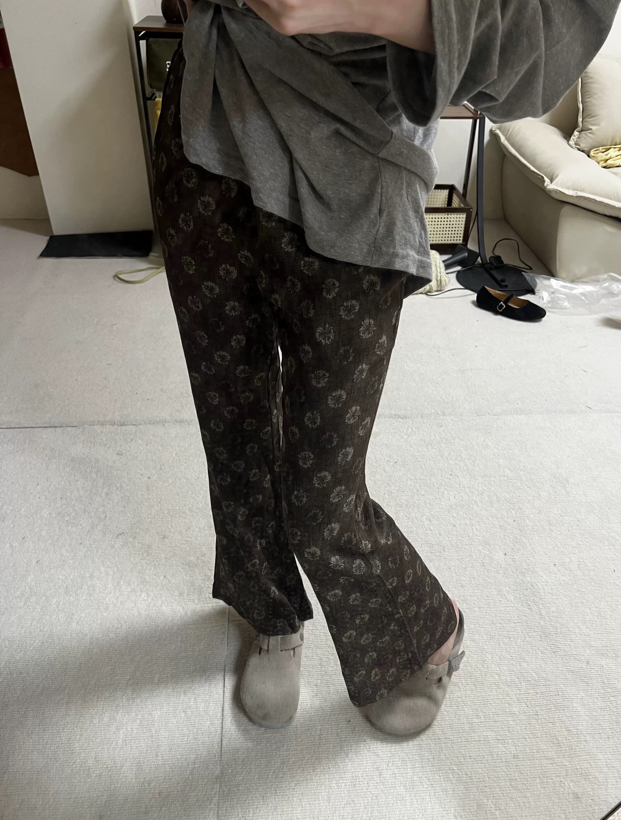 ENJOY十三行夏季韩版新款时尚ins潮复古花纹松紧腰微喇休闲裤女
