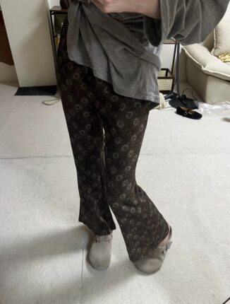 ENJOY十三行夏季韩版新款时尚ins潮复古花纹松紧腰微喇休闲裤女
