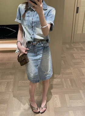 MAMA8829复古工装牛仔衬衫半身裙套装女夏季翻领设计感穿搭两件套