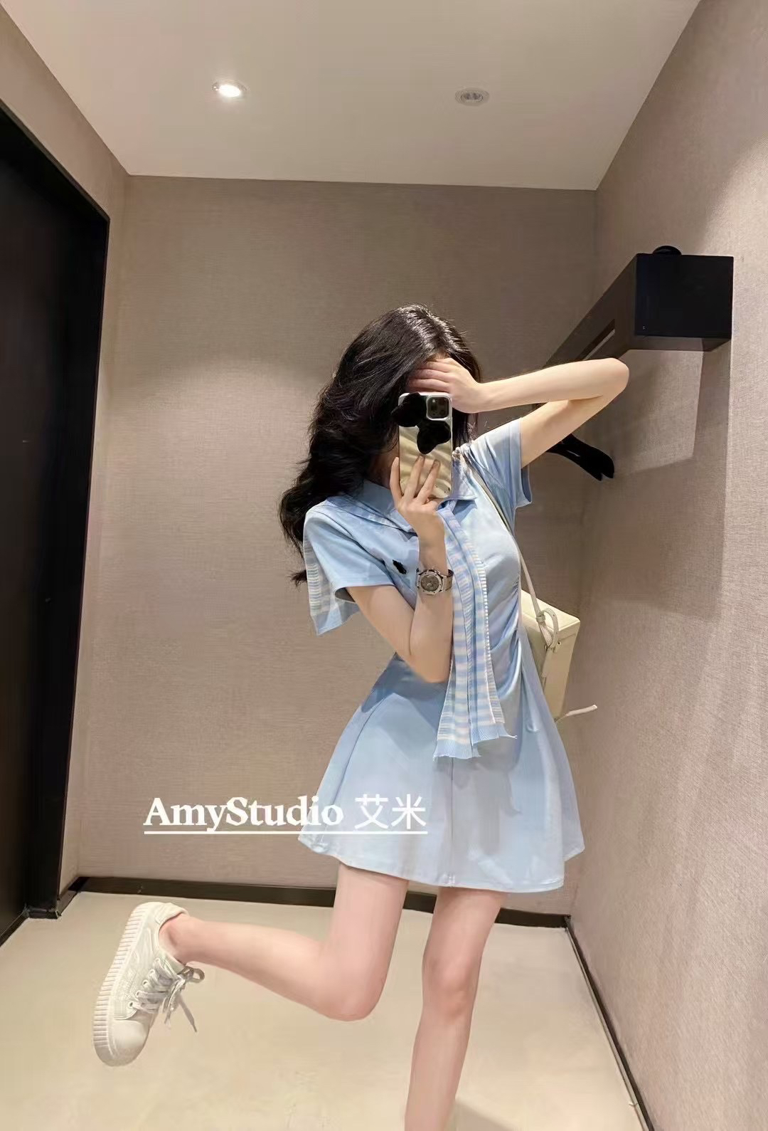 amy艾米夏季新款时尚韩版百搭短袖连衣裙辣妹短裤针织披肩三件套