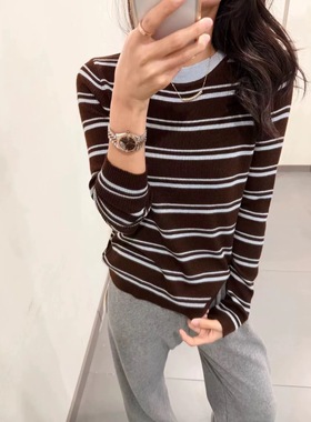 we11十三行韩货正品百搭显瘦气质减龄毛衣圆领条纹针织衫上衣9528