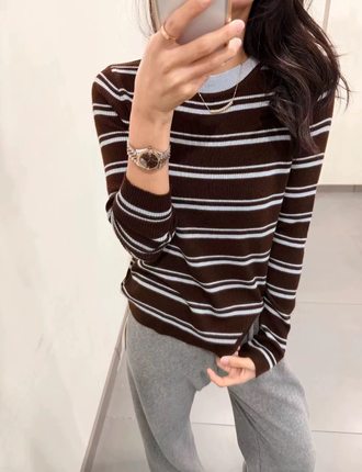 we11十三行韩货正品百搭显瘦气质减龄毛衣圆领条纹针织衫上衣9528