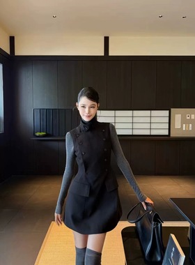 Vane韦恩十三行韩版时尚双排扣收腰无袖连衣裙女2025西装裙vn韦恩