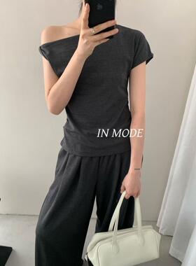 inmode夏季一字肩灰色时尚套装短袖上衣+休闲阔腿裤两件套女9006