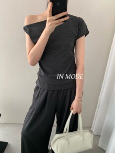inmode夏季一字肩灰色时尚套装短袖上衣+休闲阔腿裤两件套女9006