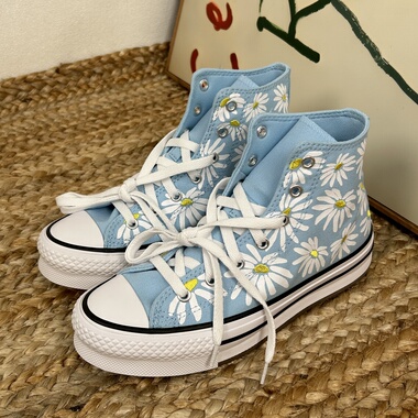 allstar大童小雏菊印花蓝色高帮厚底帆布鞋 A06337C