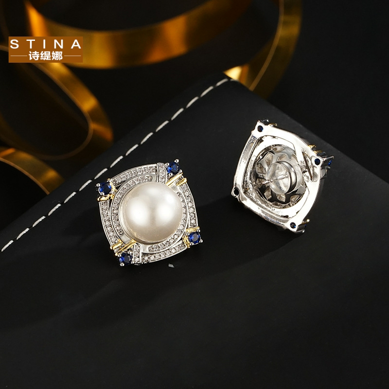 STINA-新款 法式复古巴洛克双色极光炫彩贝珍珠耳钉耳环女女性未