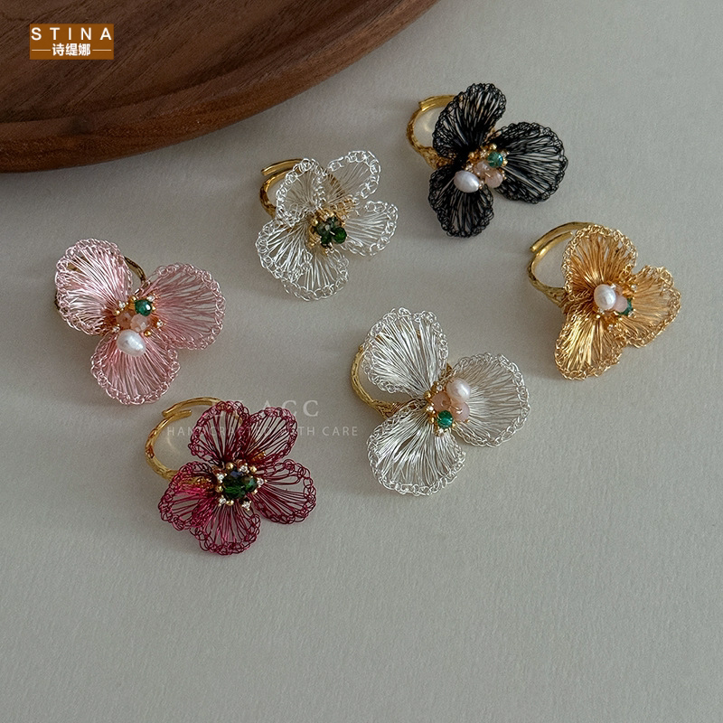 STINA浪漫花朵圆形指环可调节大