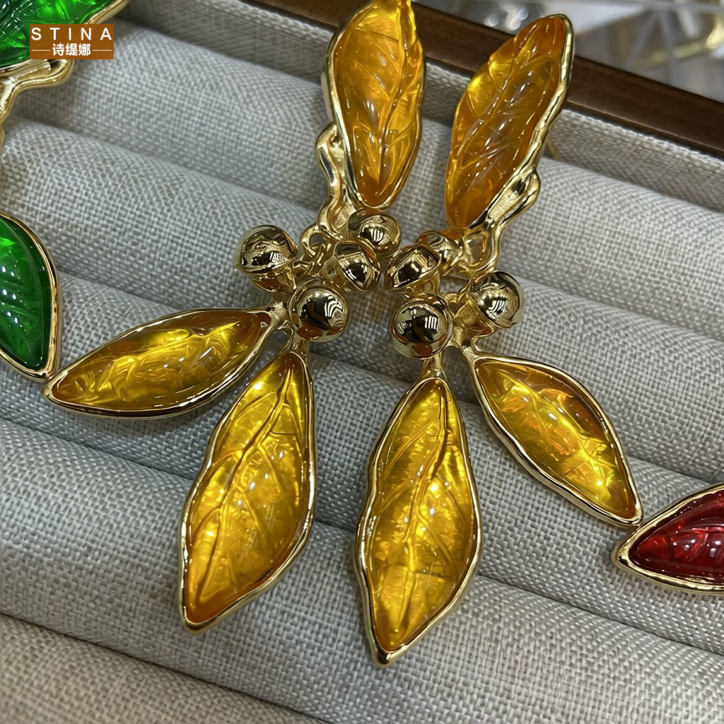 STINA个琉璃树叶耳钉流苏中古风