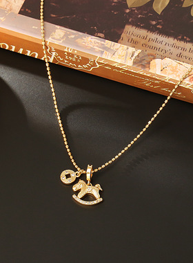 STINA金色币金小马吊坠项链小众