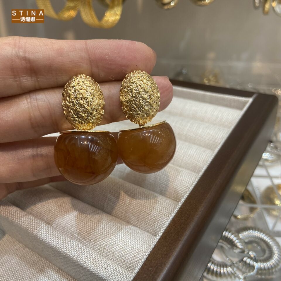 STINA复古美拉德圆形耳饰法式琥