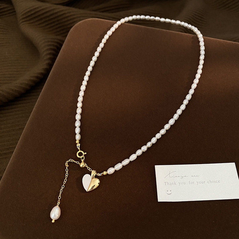 STINA淡水珍珠简约小米珠项链女气质百搭爱心吊坠锁骨链全新zUpd