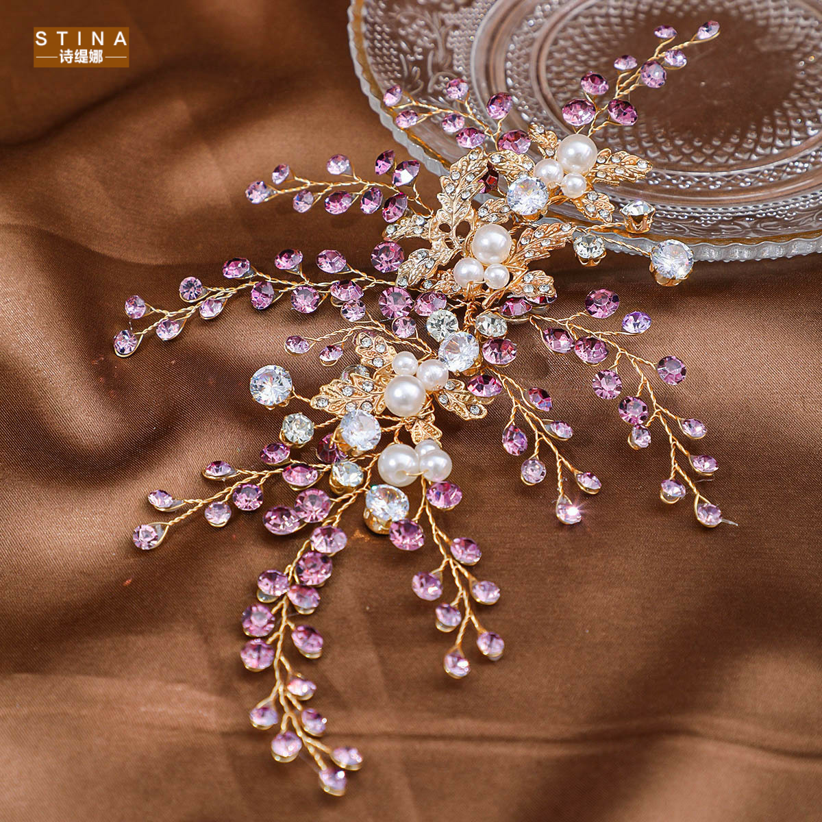STINA欧美新娘发带亚马孙金叶子发箍配饰手工珍珠盘发礼服头饰发