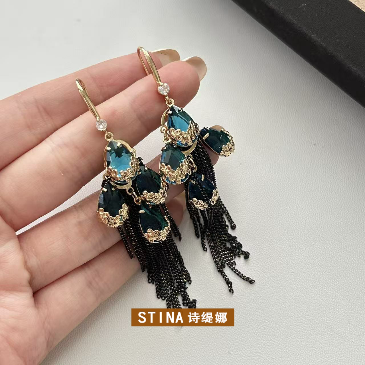 STINA复古墨绿水滴水晶流苏耳钩