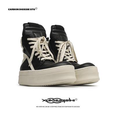 冬季男女黑白双层厚底倒三角高帮鞋男高街板鞋加绒增高鞋子马丁靴