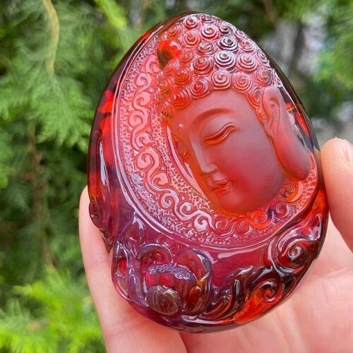 天然缅甸血珀花开见佛浮雕吊坠