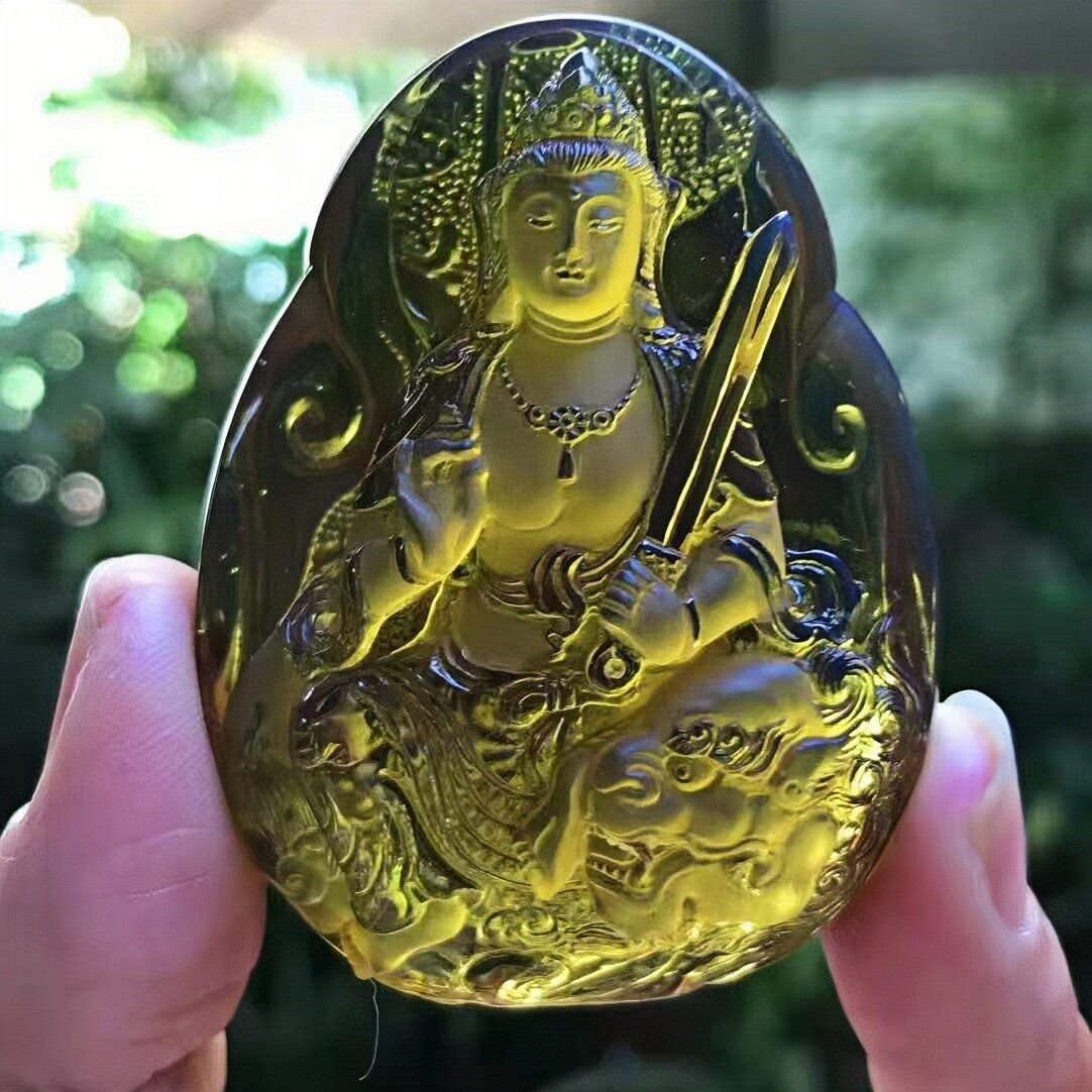正品天然缅甸琥珀净水深绿茶 文殊菩萨 吊坠名家文玩工艺珠宝饰品