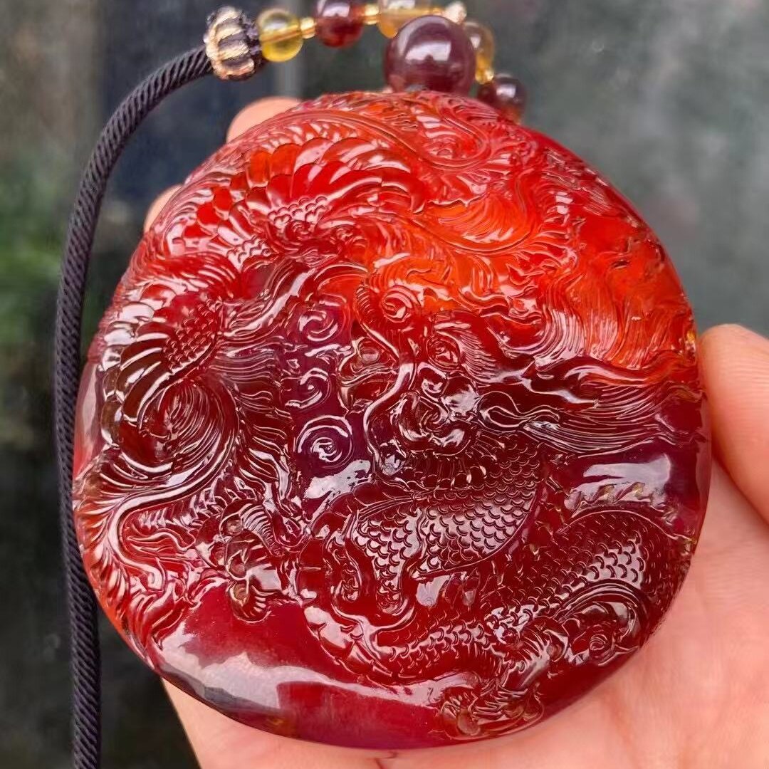 正品天然缅甸琥珀精品血珀蓝血膜 龙凤呈祥 吊坠挂件文玩珠宝饰品