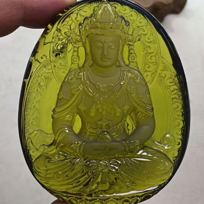 正品天然缅甸琥珀玻璃种菠菜绿茶圣观音吊坠挂件文玩收藏珠宝饰品
