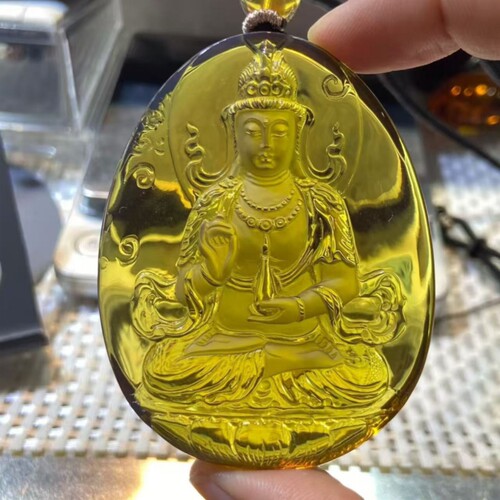 天然缅甸琥珀玻璃底玉瓶观音挂件