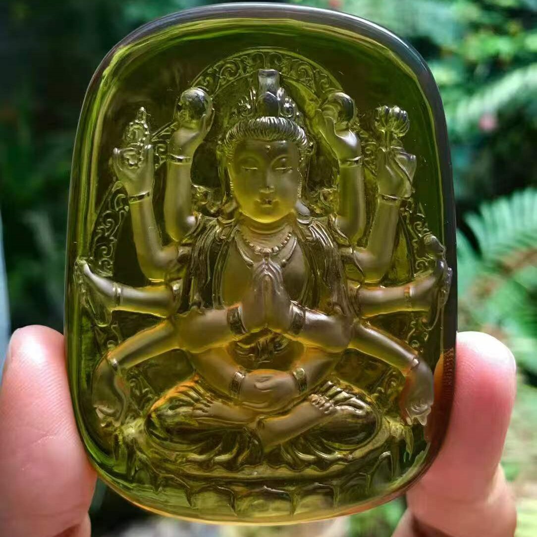 正品天然缅甸琥珀精品柳青 千手观音 浮雕吊坠文玩收藏珠宝饰品