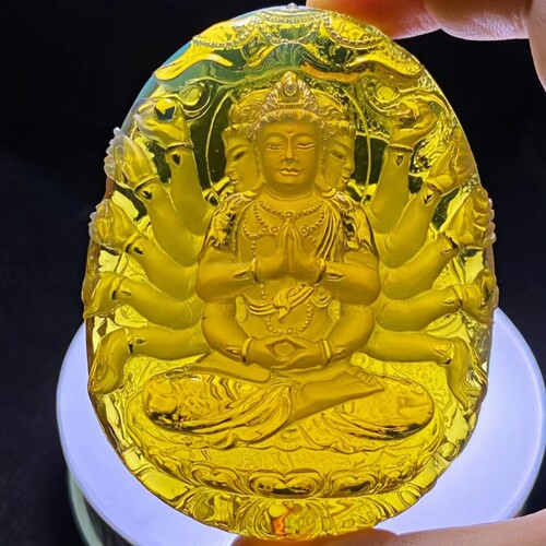 缅甸天然琥珀玻璃底高蓝观音吊坠