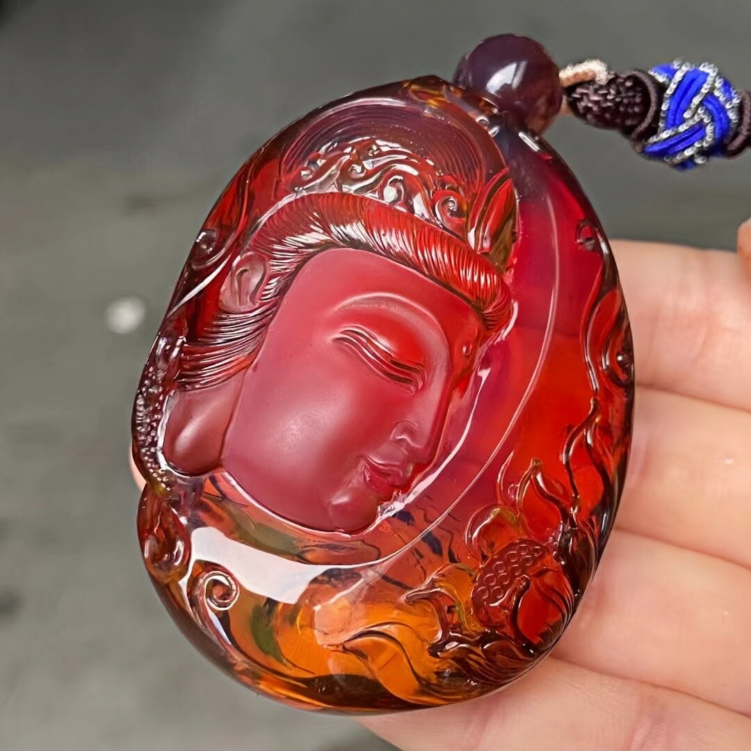 正品天然缅甸琥珀精品金红蓝血膜血珀 花开见佛 吊坠文玩珠宝饰品