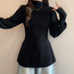 黑色中领灯笼袖毛衣针织衫女2025新款冬大码胖mm中长款打底衫上衣