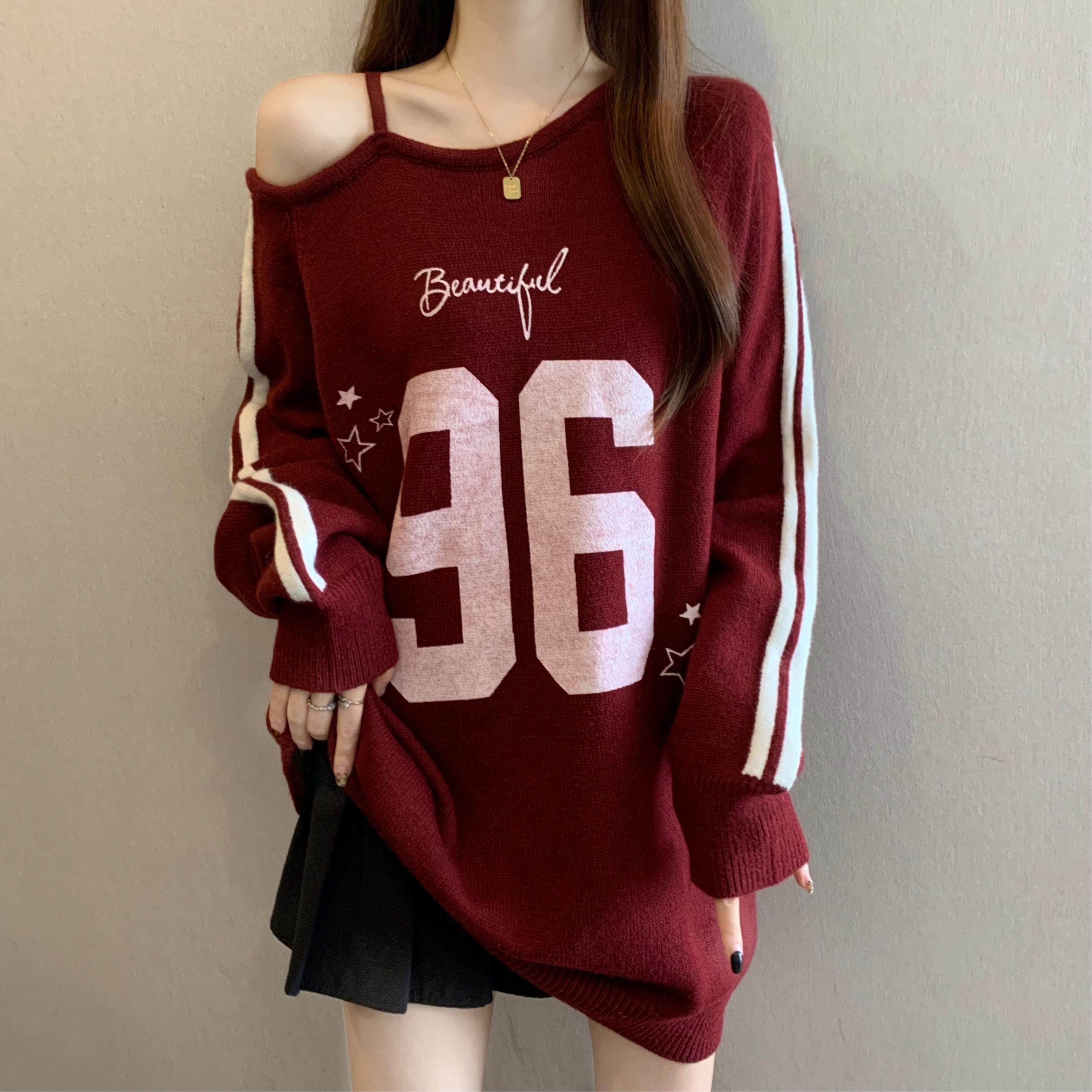 美式红色斜肩针织衫毛衣女2025新款秋冬大码胖mm中长款遮屁股上衣,女装/女士精品,毛衣,淘宝优惠券,粉丝福利购,淘宝优惠卷