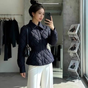 法式复古菱格翻领羽绒棉服女2025冬季新款时尚宽松保暖棉衣外套潮