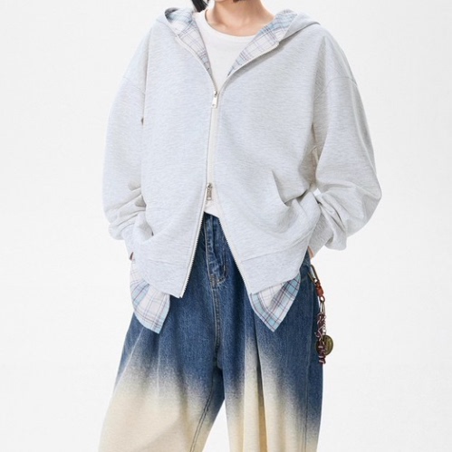 美式复古情侣款假两件连帽卫衣男女格子拼接宽松开衫外套