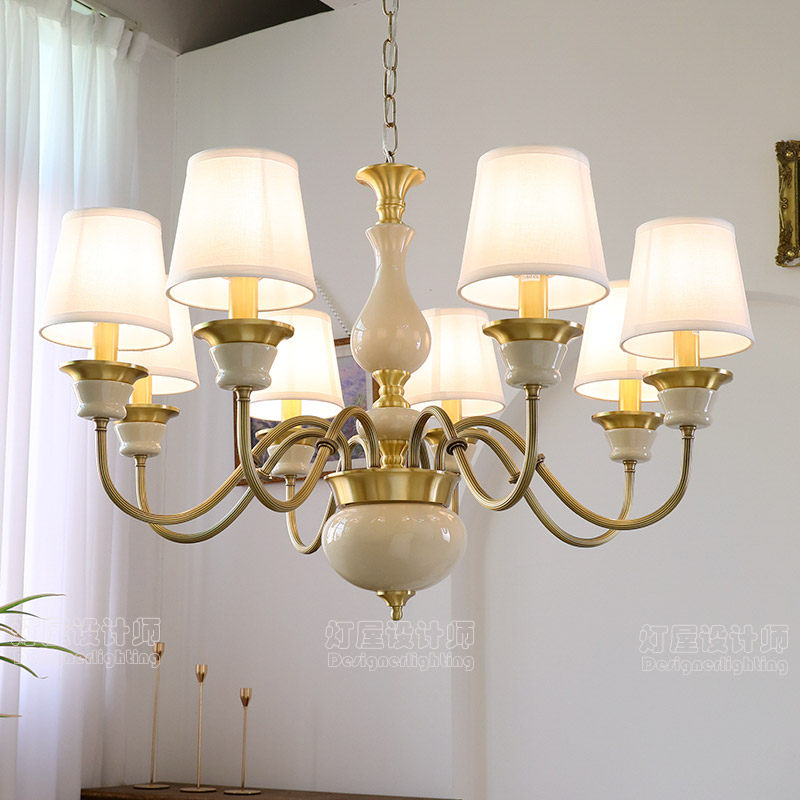 美式全铜客厅吊灯陶瓷布罩法式复古简约大气卧室餐厅房间吊灯,家装灯饰光源,客厅吊灯,淘宝优惠券,粉丝福利购,淘宝优惠卷