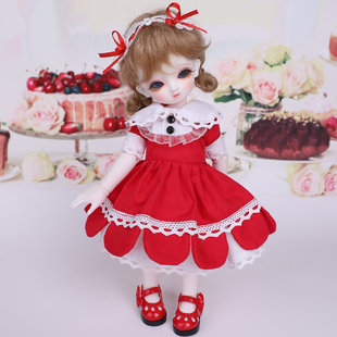 bjd sd娃衣 洋装女娃衣 红色花瓣裙 洋装配送头饰 （尺寸可定制）