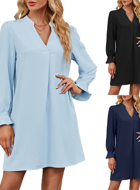 Solid color casual V-neck long-sleeved dress 纯色V领连衣裙女