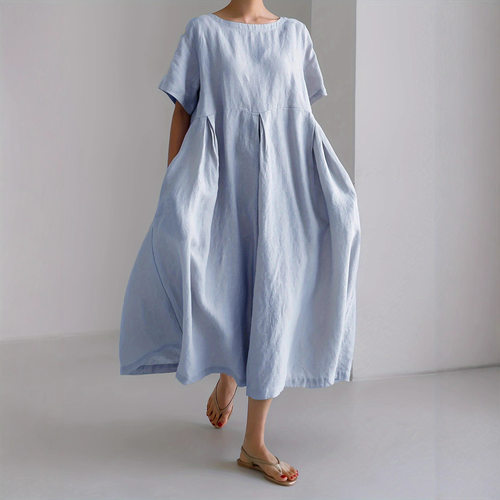 女士休闲纯色圆领短袖宽松连衣裙