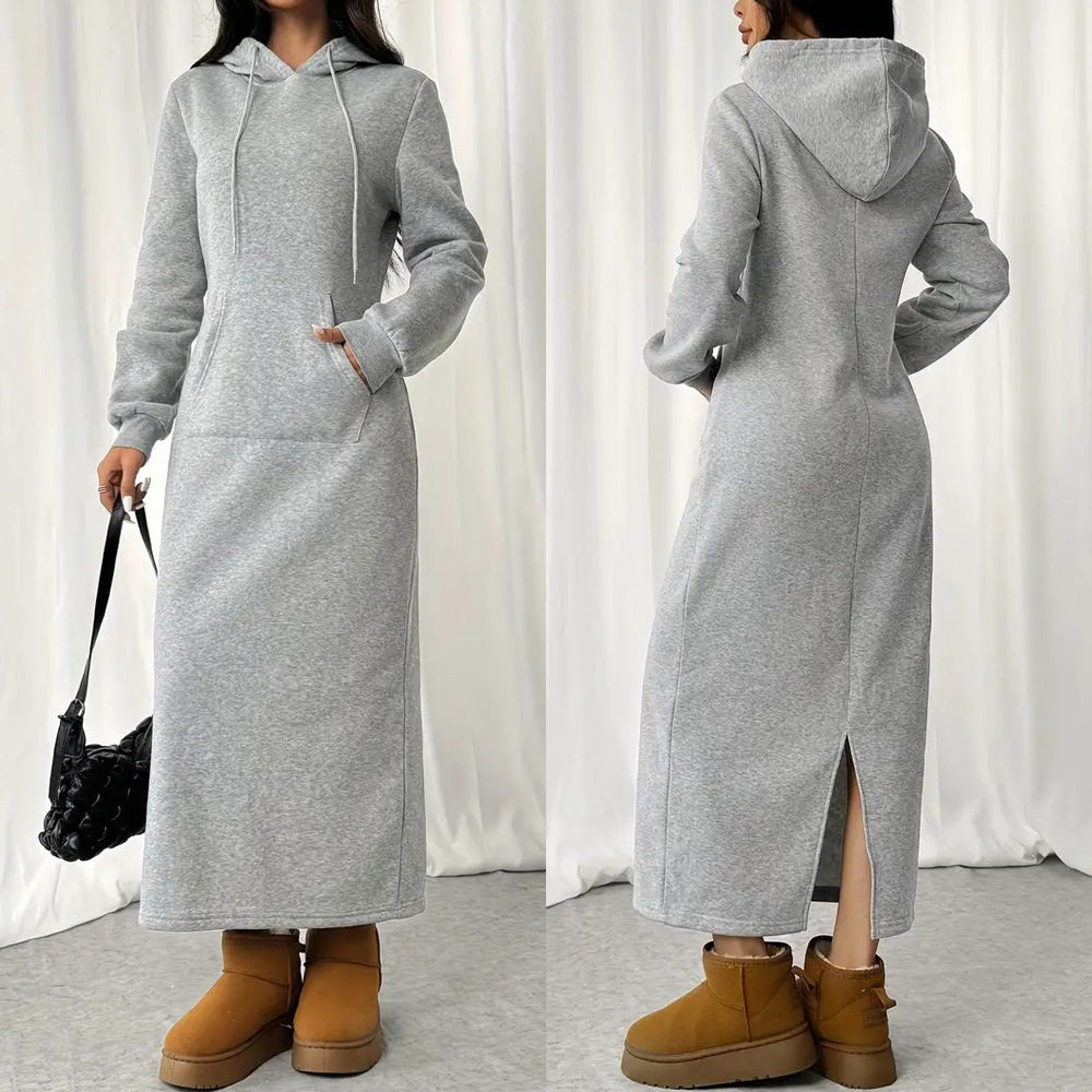 纯色长袖连帽卫衣连衣裙 Solid-color long-sleeved hooded dress
