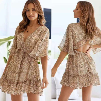 2021 summer sexy ruffled sleeve leopard print dress women