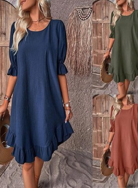 Solid color casual crew neck short-sleeved dress 圆领连衣裙