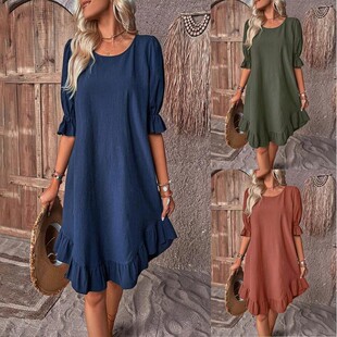 Solid color casual crew neck short-sleeved dress 圆领连衣裙